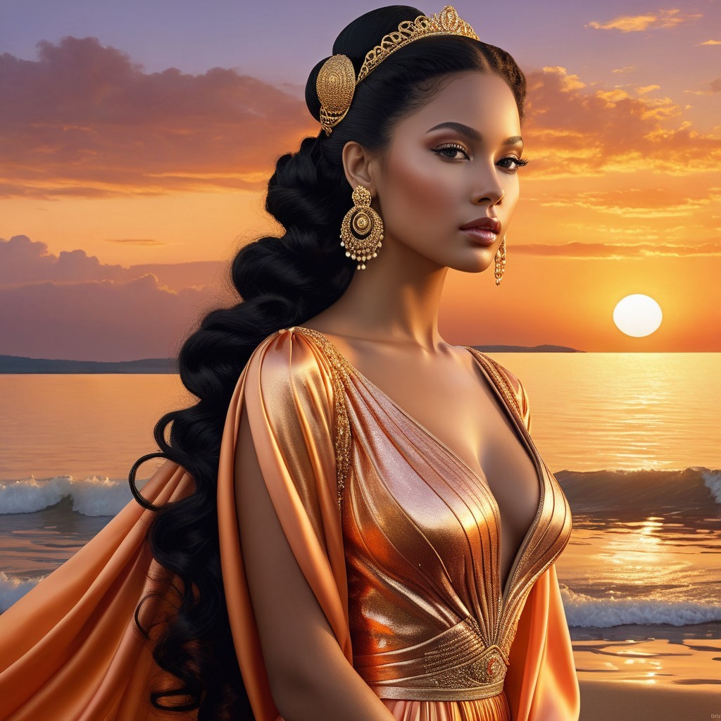 Elegant Woman in Orange Gown at Sunset by Ocean