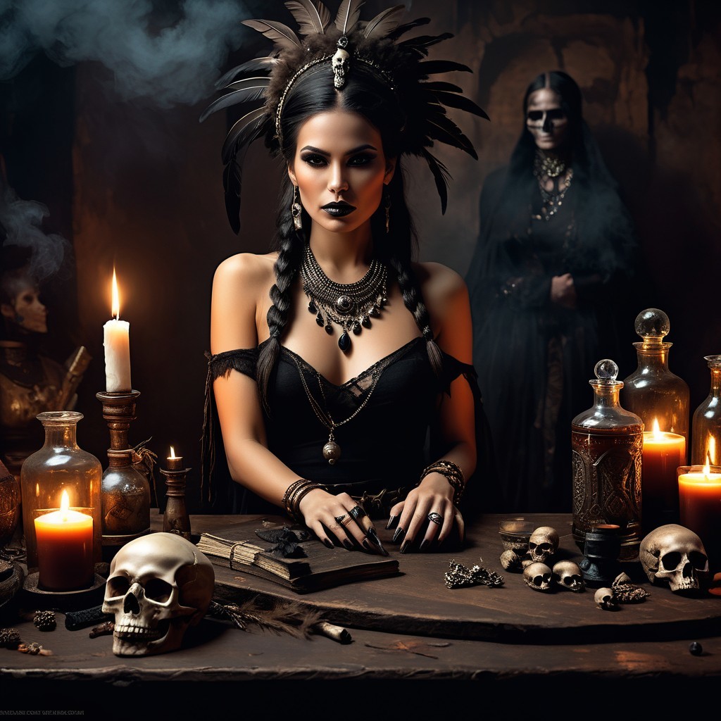 Woman with Feather Headdress in Dimly Lit Room