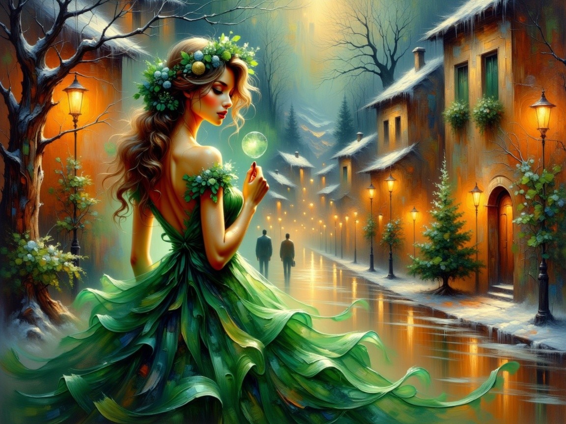 Young woman in a leafy gown holding a glowing orb