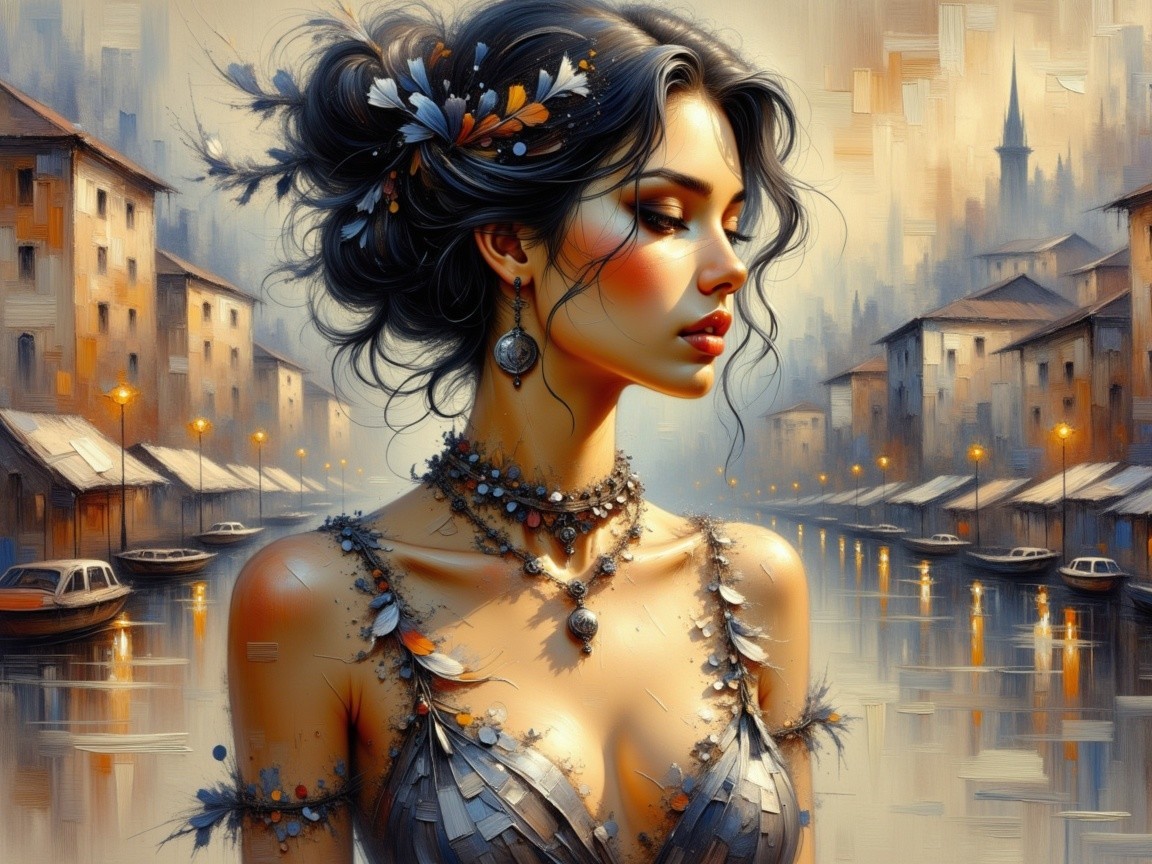 Young Woman by Serene Riverside with Floral Accents