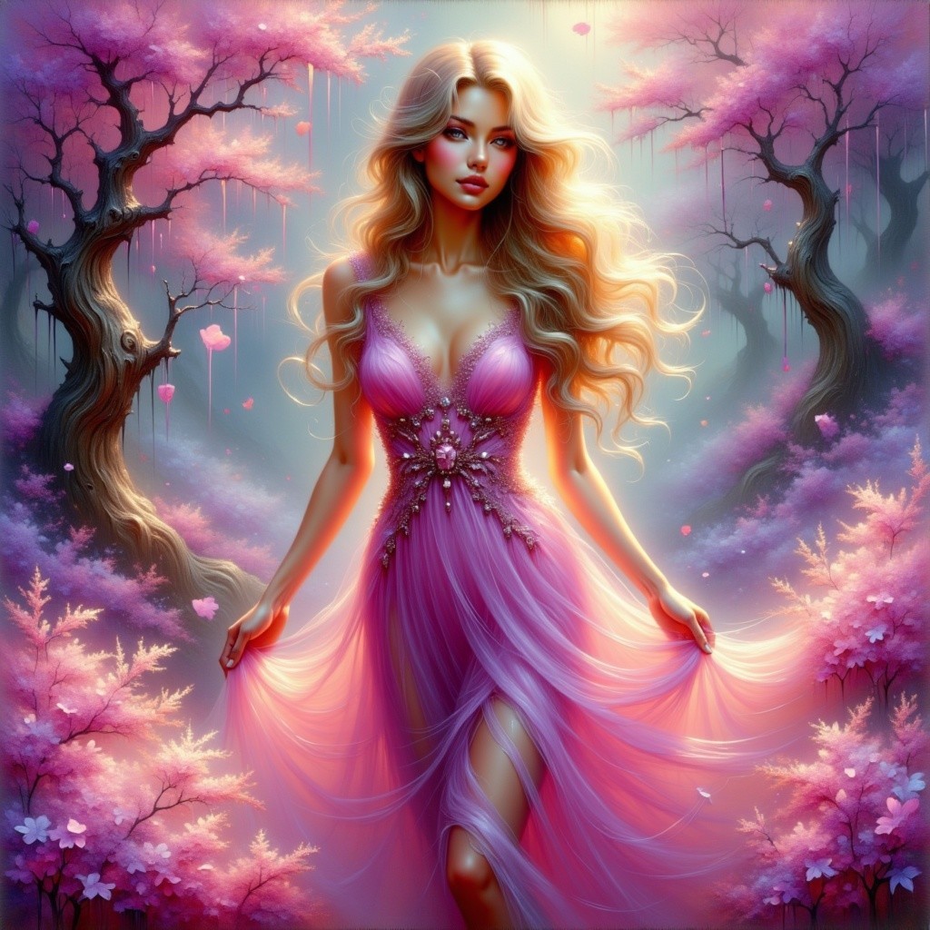 Woman in Pink Gown Among Cherry Blossoms