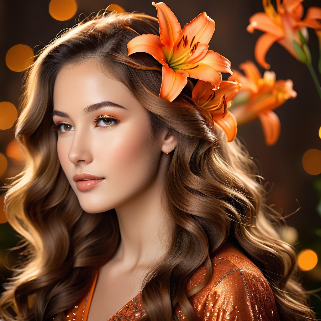 Woman with Wavy Hair and Orange Lilies in Bokeh Lights