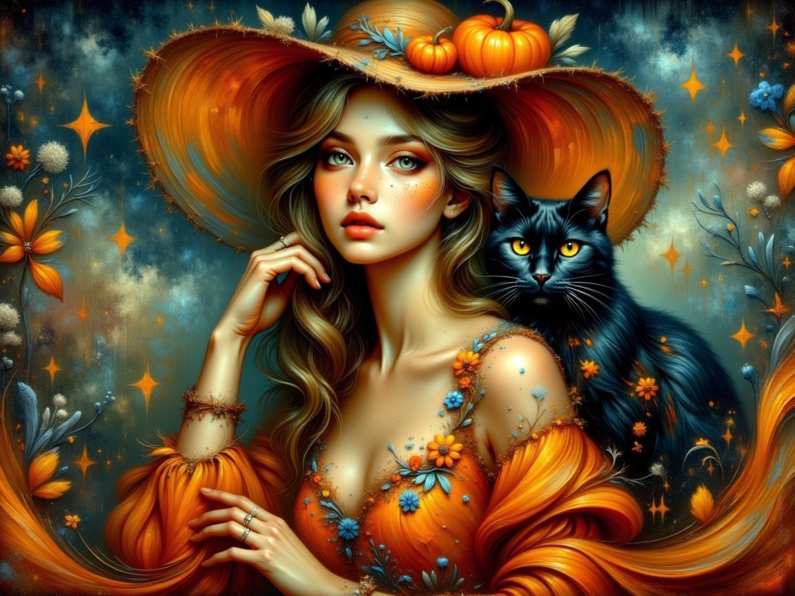 Woman in Autumn Dress with Cat and Pumpkin Hat