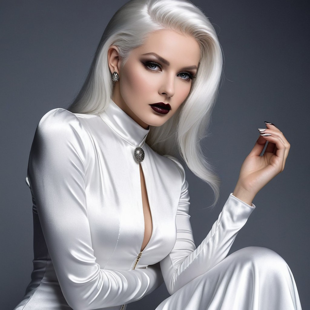 Elegant Model in White Satin Dress with Platinum Hair