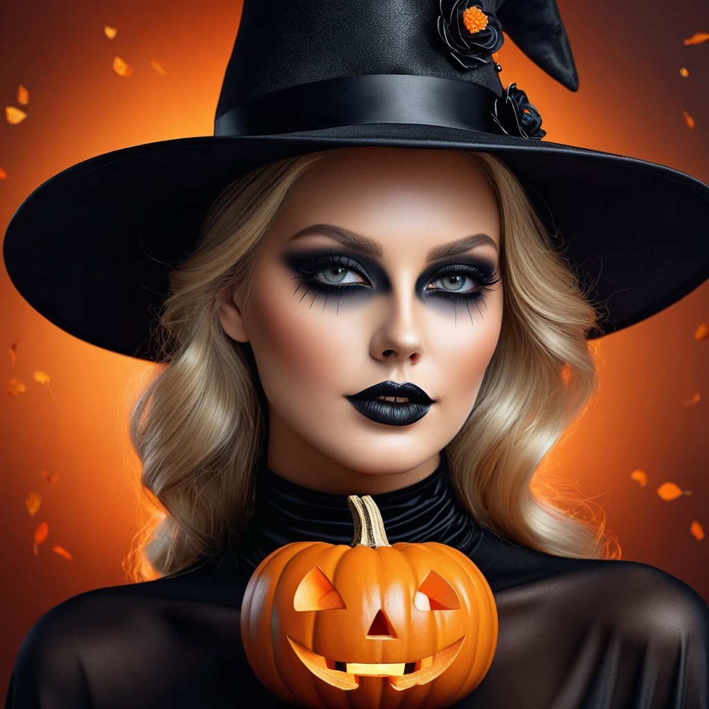 Witch in Black Hat with Pumpkin and Autumn Leaves