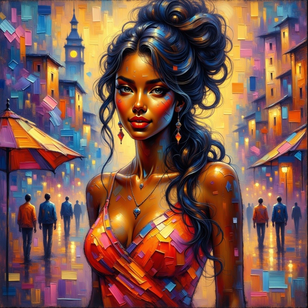 Colorful City Scene with Stylish Woman at Twilight
