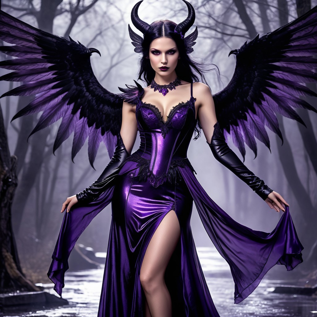 Misty Forest Scene with Figure in Purple Gown and Wings