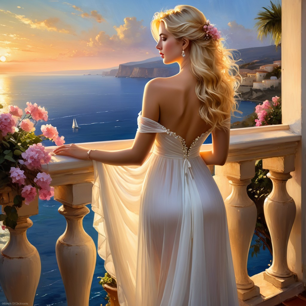 Woman in White Gown Overlooking Coastal Sunset