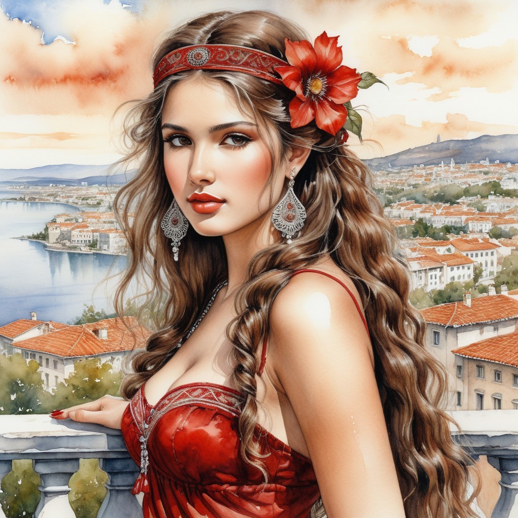 Stunning woman in red dress by scenic water view