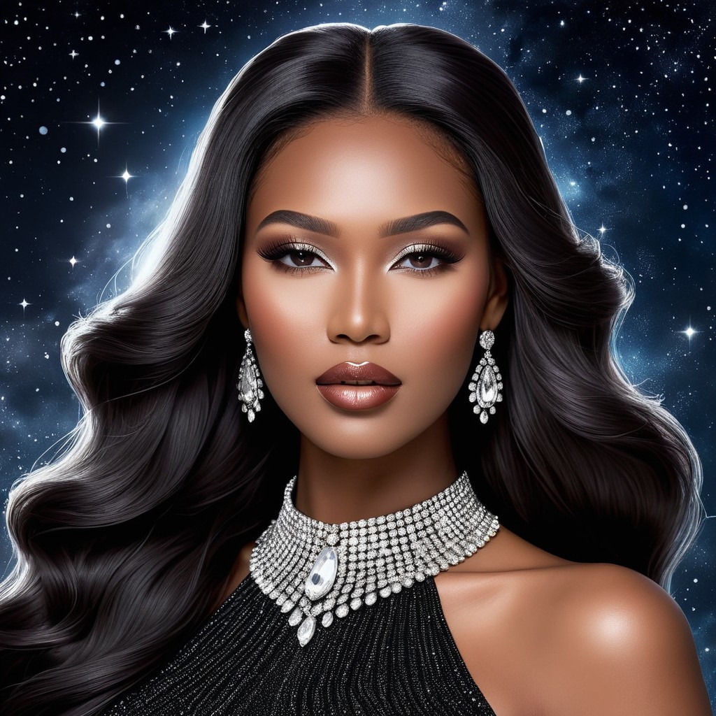 Portrait of a Woman in Cosmic Backdrop with Elegance