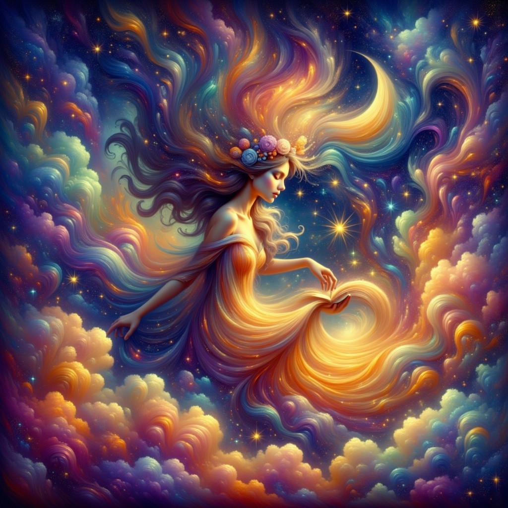 Celestial Figure in Colorful Cosmic Sky Scene