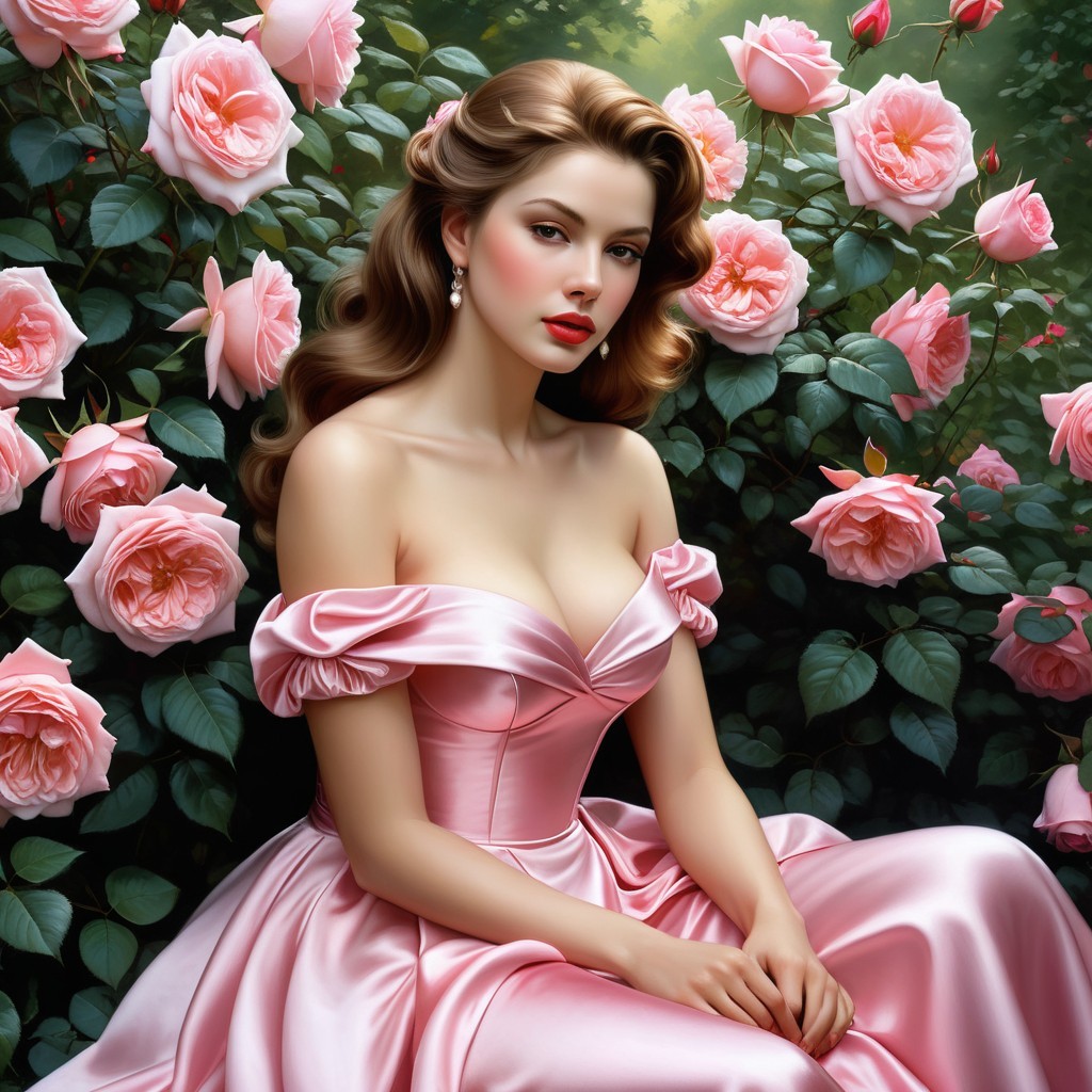 Young Woman in Pink Gown Surrounded by Roses