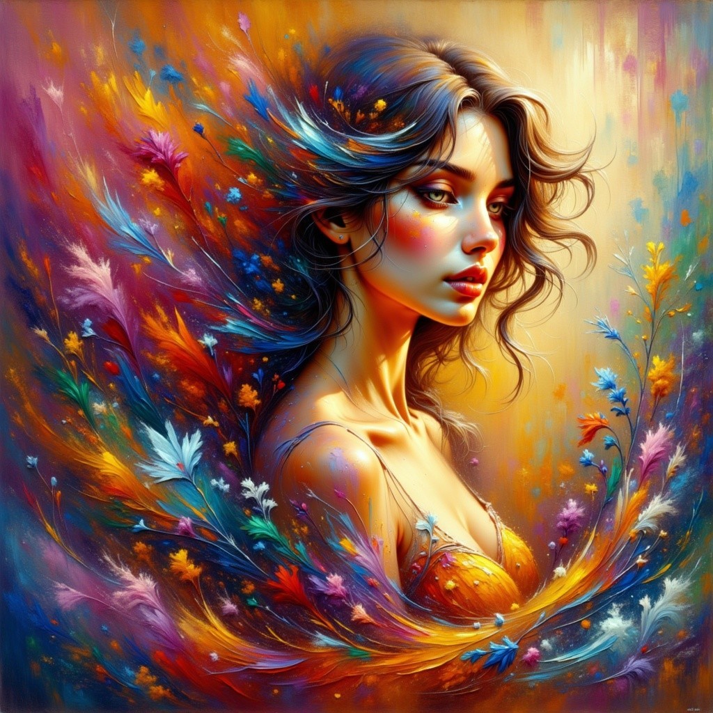 Portrait of a woman amid colorful flowers and warm hues