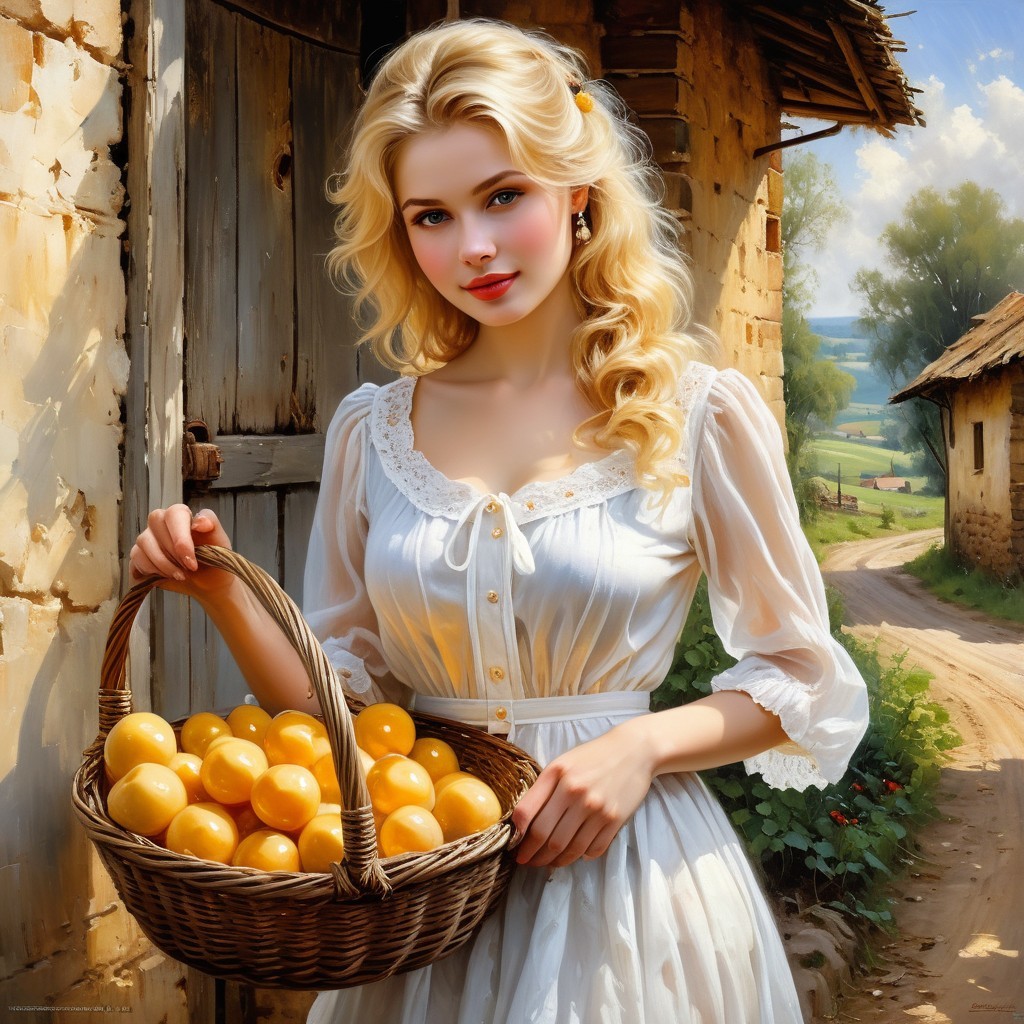 Young Woman with Oranges in Serene Countryside Setting