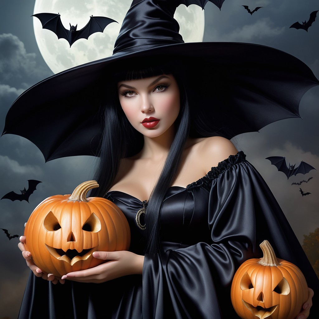 Witch in Black Gown with Pumpkins Under Full Moon