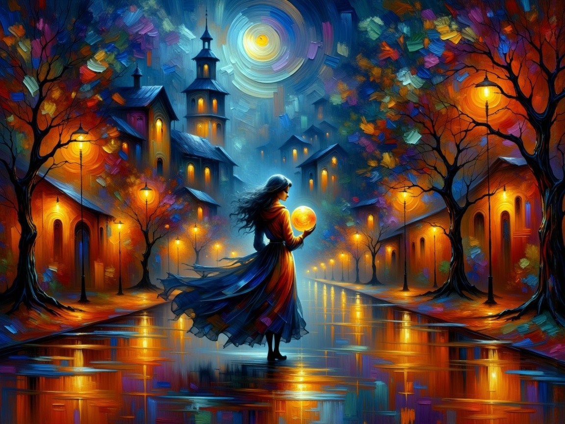Twilight Scene with Woman, Glowing Orb, and Town