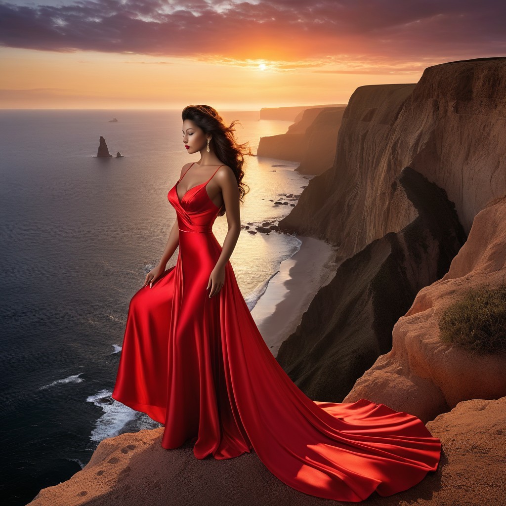 Woman in Red Gown at Sunset on Cliff Overlooking Sea