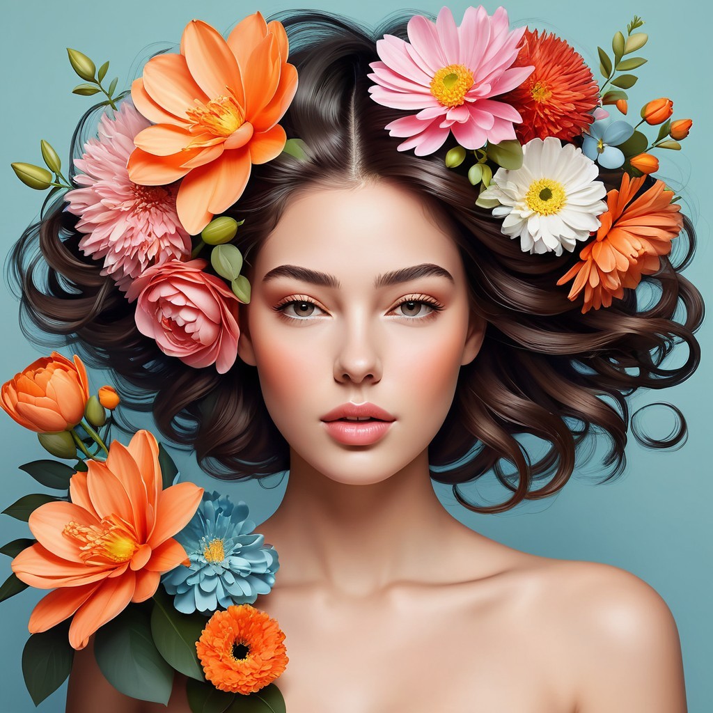 Young woman with flowers in wavy hair and blue background