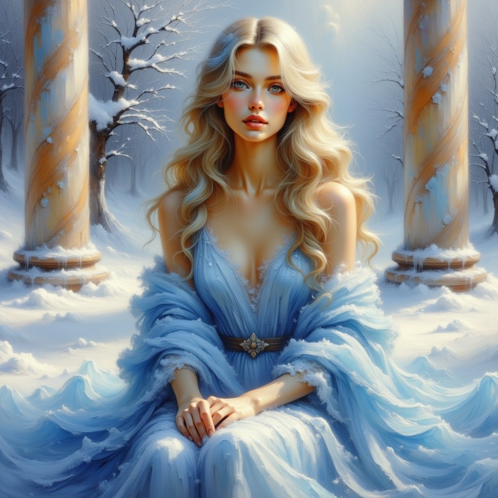 Serene Figure in Snowy Landscape with Light Blue Gown