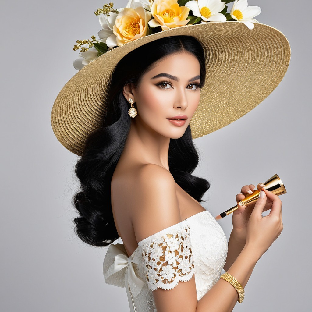 Woman in Elegant White Dress with Straw Hat and Makeup Brush