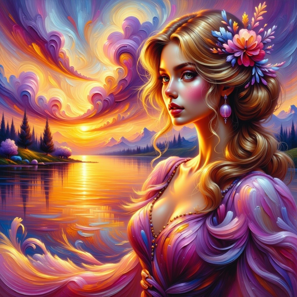 Young woman by serene lake at sunset in purple gown