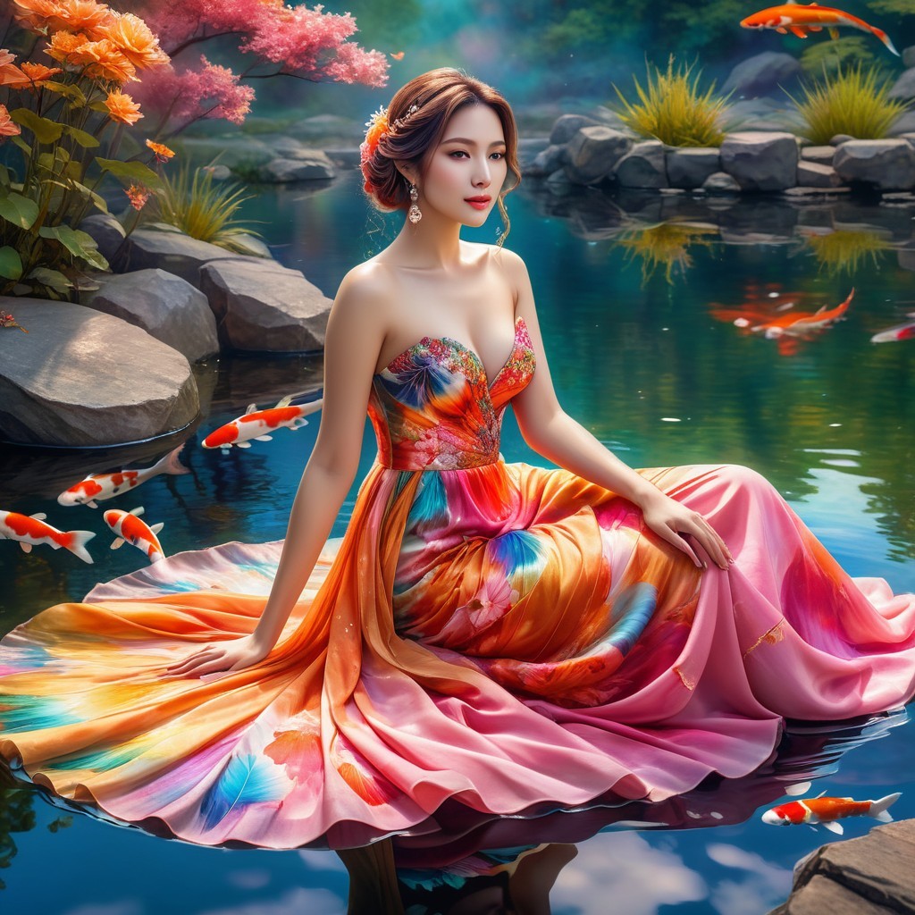 Woman in Vibrant Dress by Tranquil Pond with Koi Fish