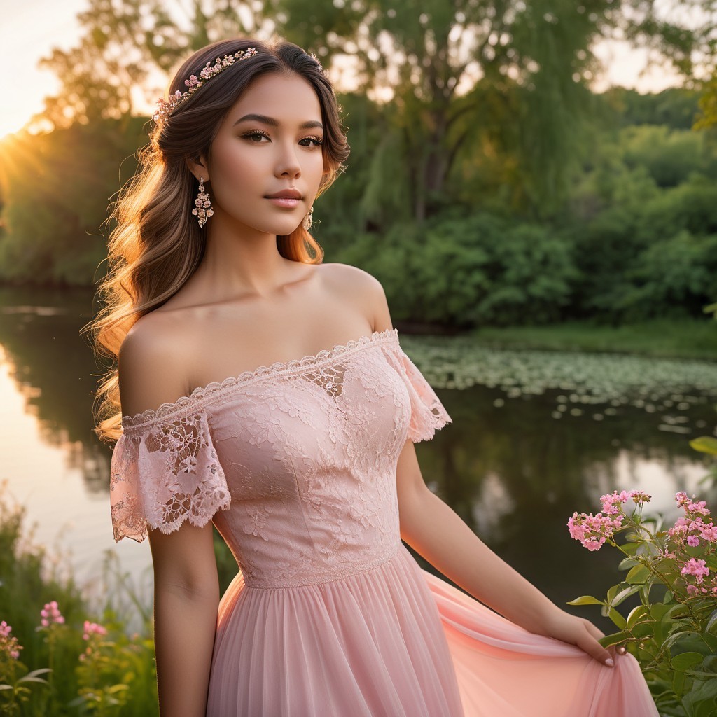 Young Woman in Pink Gown by Serene Sunset River