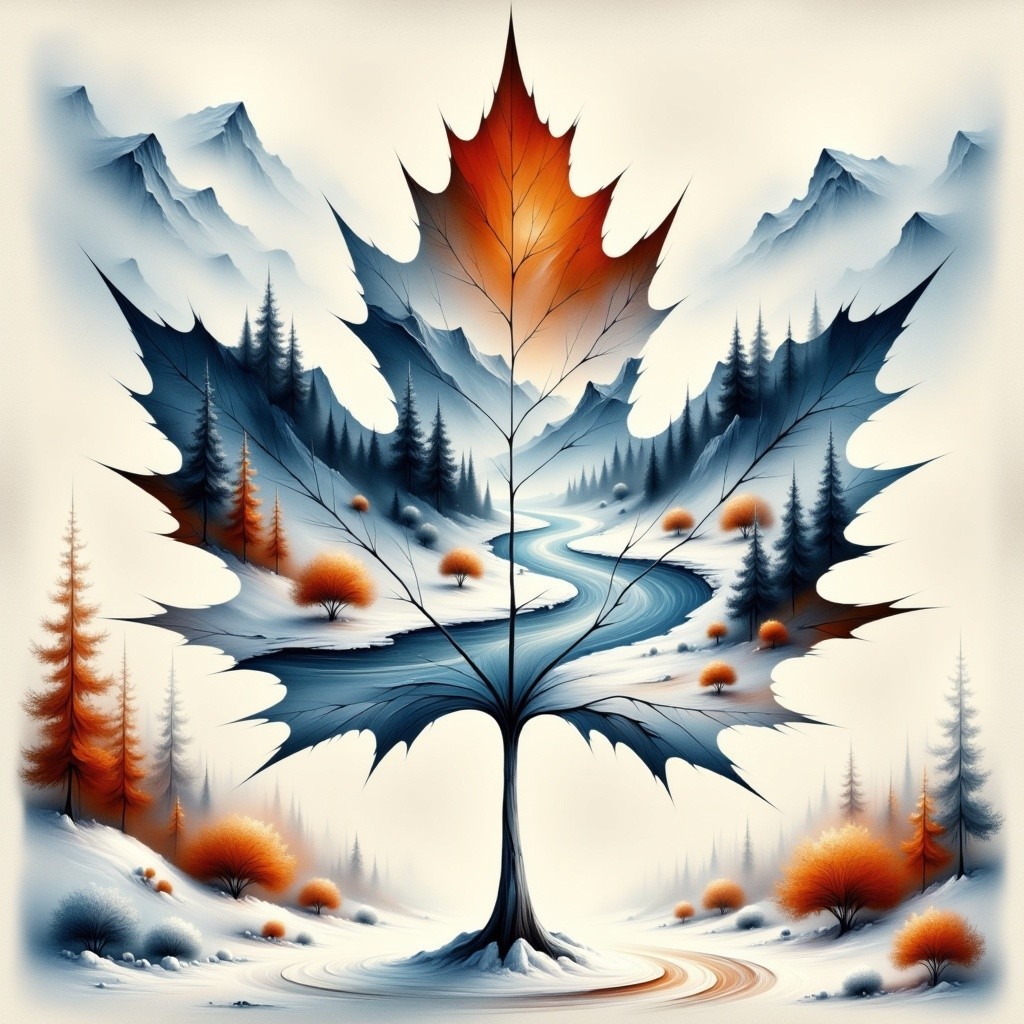 Artwork of a maple leaf transforming into a tree