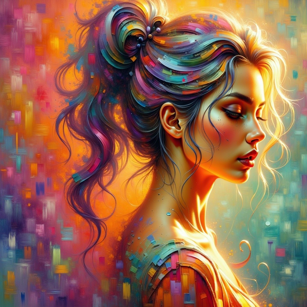 Serene Woman Against Vibrant Abstract Background