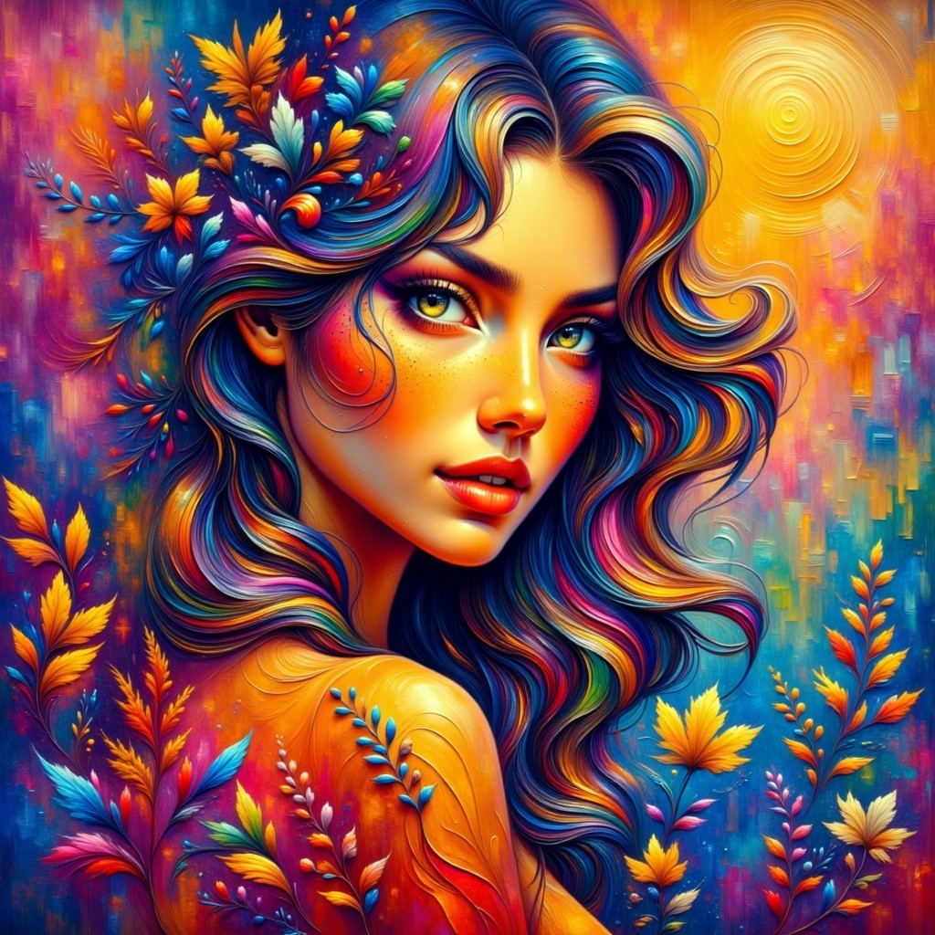 Vibrant Portrait of Woman with Colorful Hair and Flowers
