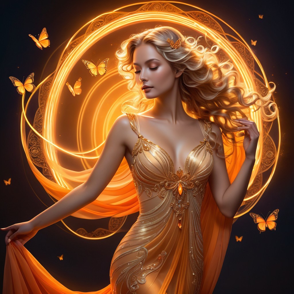 Elegant Woman in Golden Gown Surrounded by Butterflies