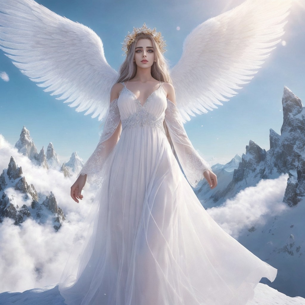 Celestial Figure in Snowy Mountains with Wings and Gown