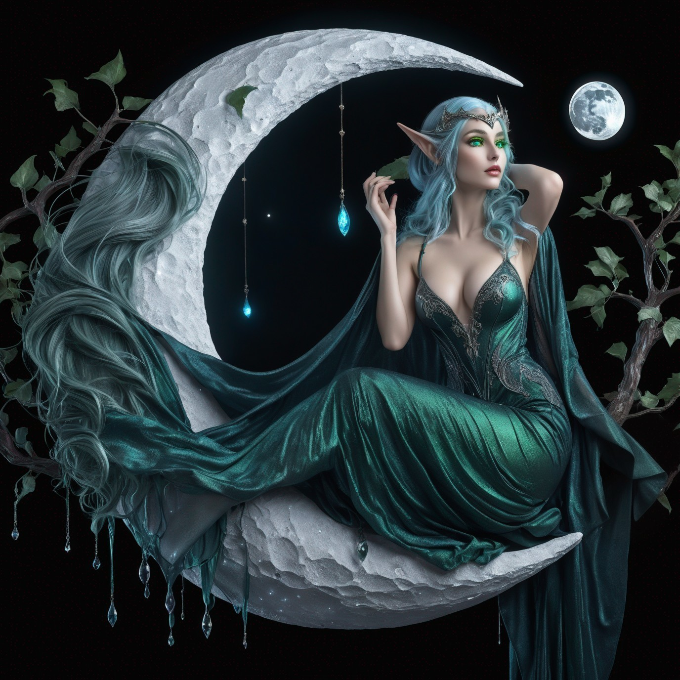 Ethereal figure on crescent moon in emerald gown