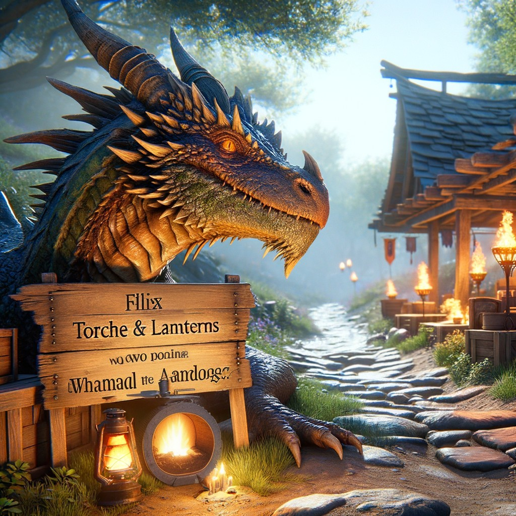 Dragon Overlooking Village with Quaint Cottages
