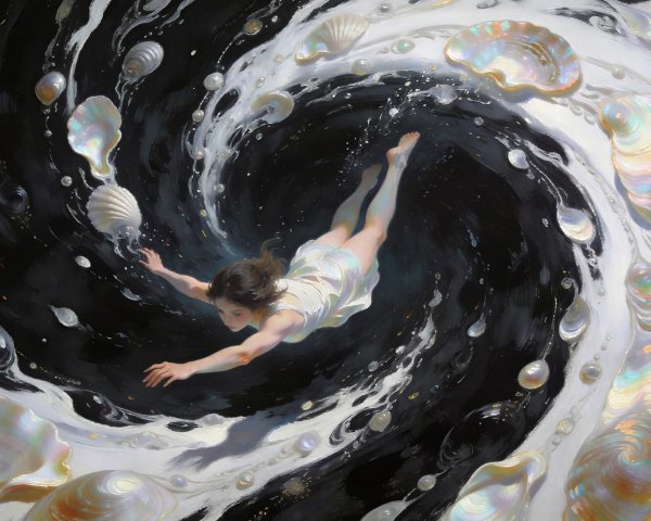 Oil Painting of Woman in White Dress Surrounded by Seashells