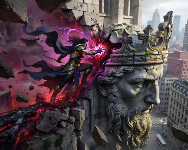 Dramatic Artwork of Sorcerer with Stone Head and Energy