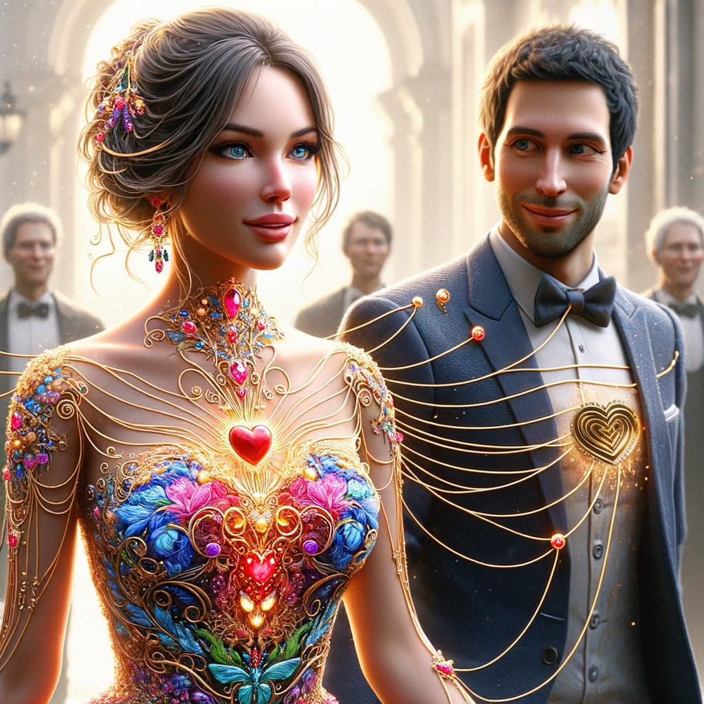 Elegant Couple in Vibrant Gown and Tuxedo Setting
