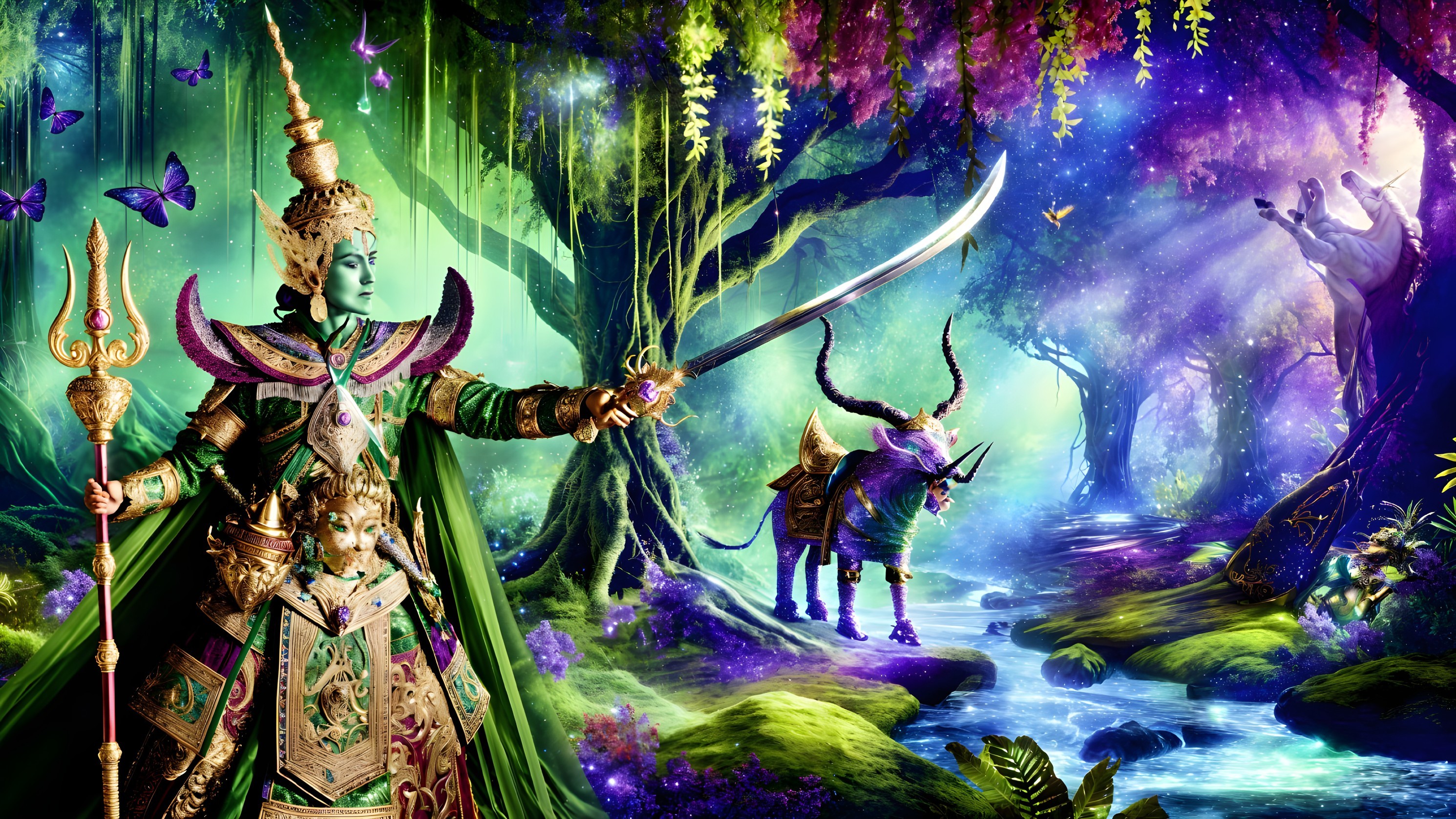 Majestic Figure with Sword in Mystical Forest Setting