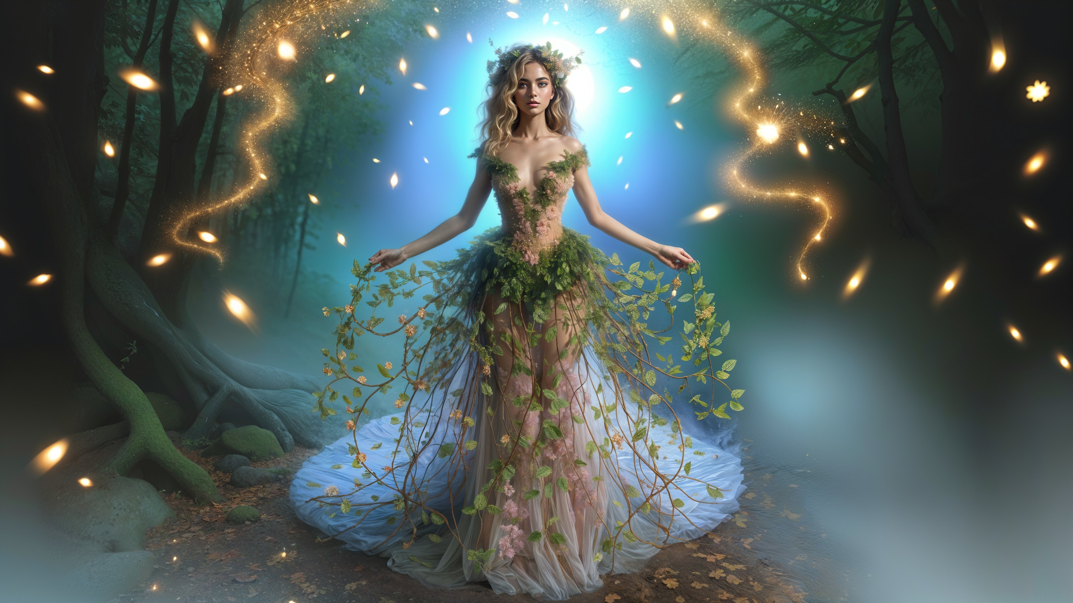 Enchanting Figure in Leafy Dress in Magical Forest