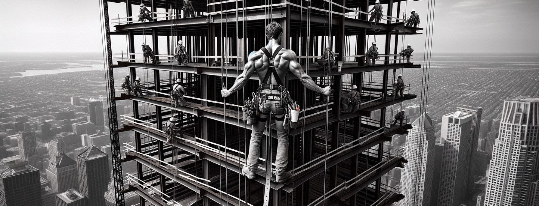 Skyscraper Construction with Workers and City Skyline