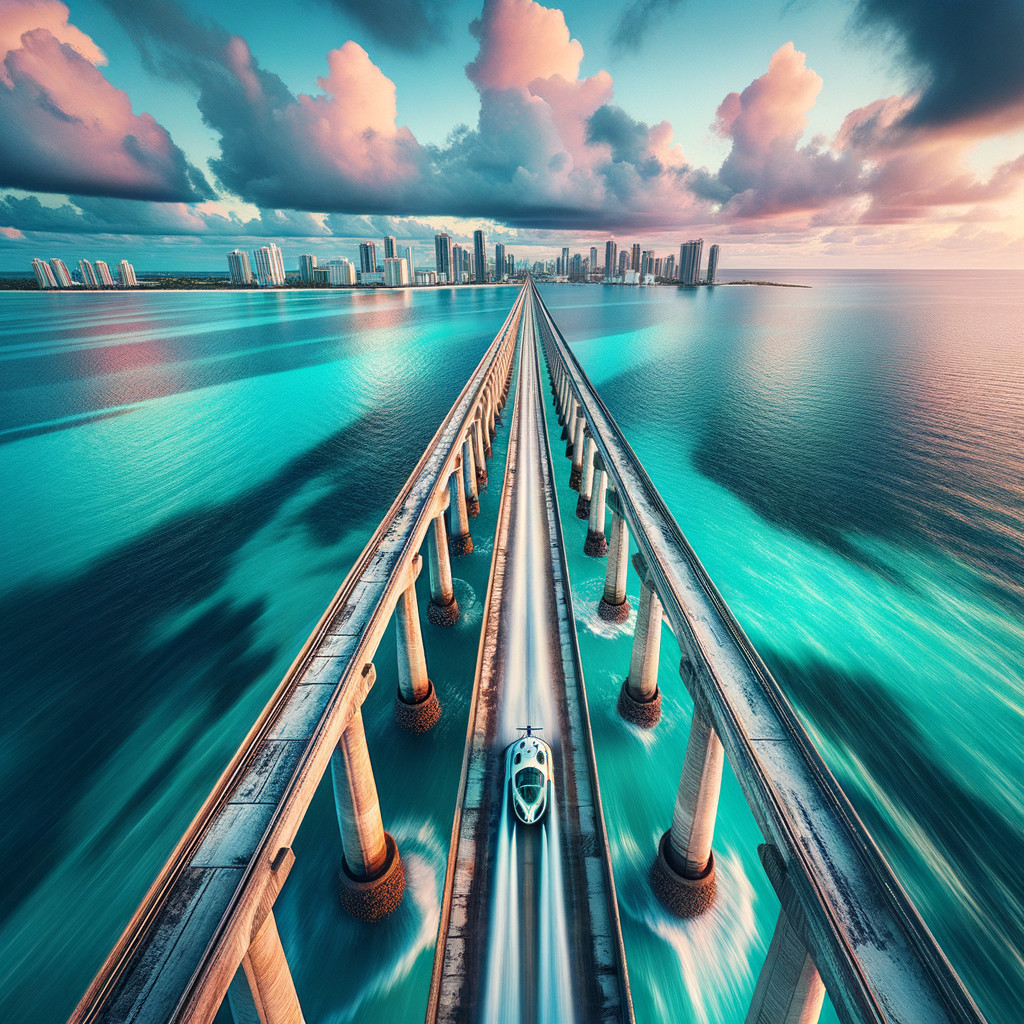 Aerial View of Bridge Over Turquoise Waters and Skyline