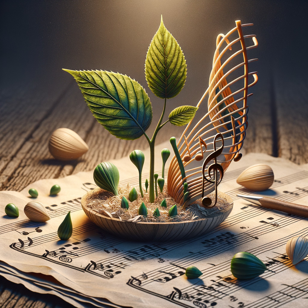 Wooden Bowl with Plants and Musical Notes on Sheet Music