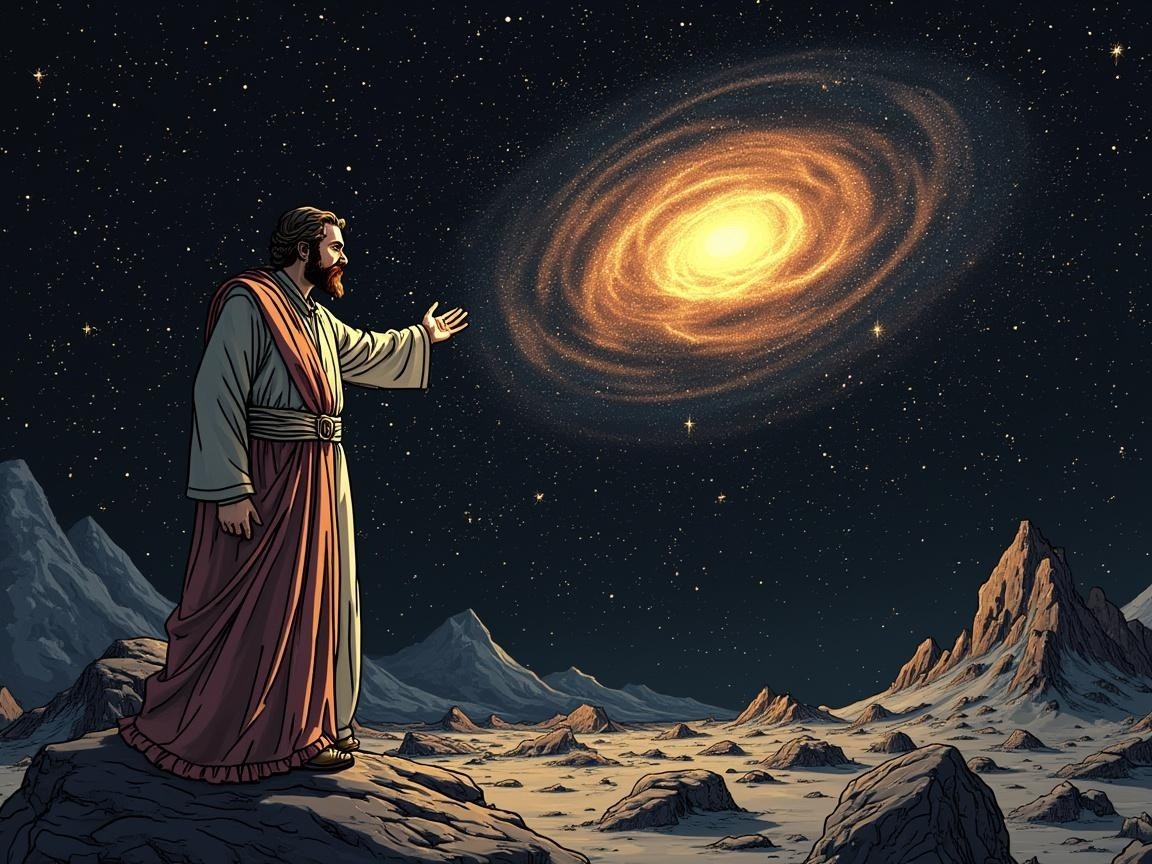 Figure in Robe Gazing at Spiral Galaxy in Night Sky