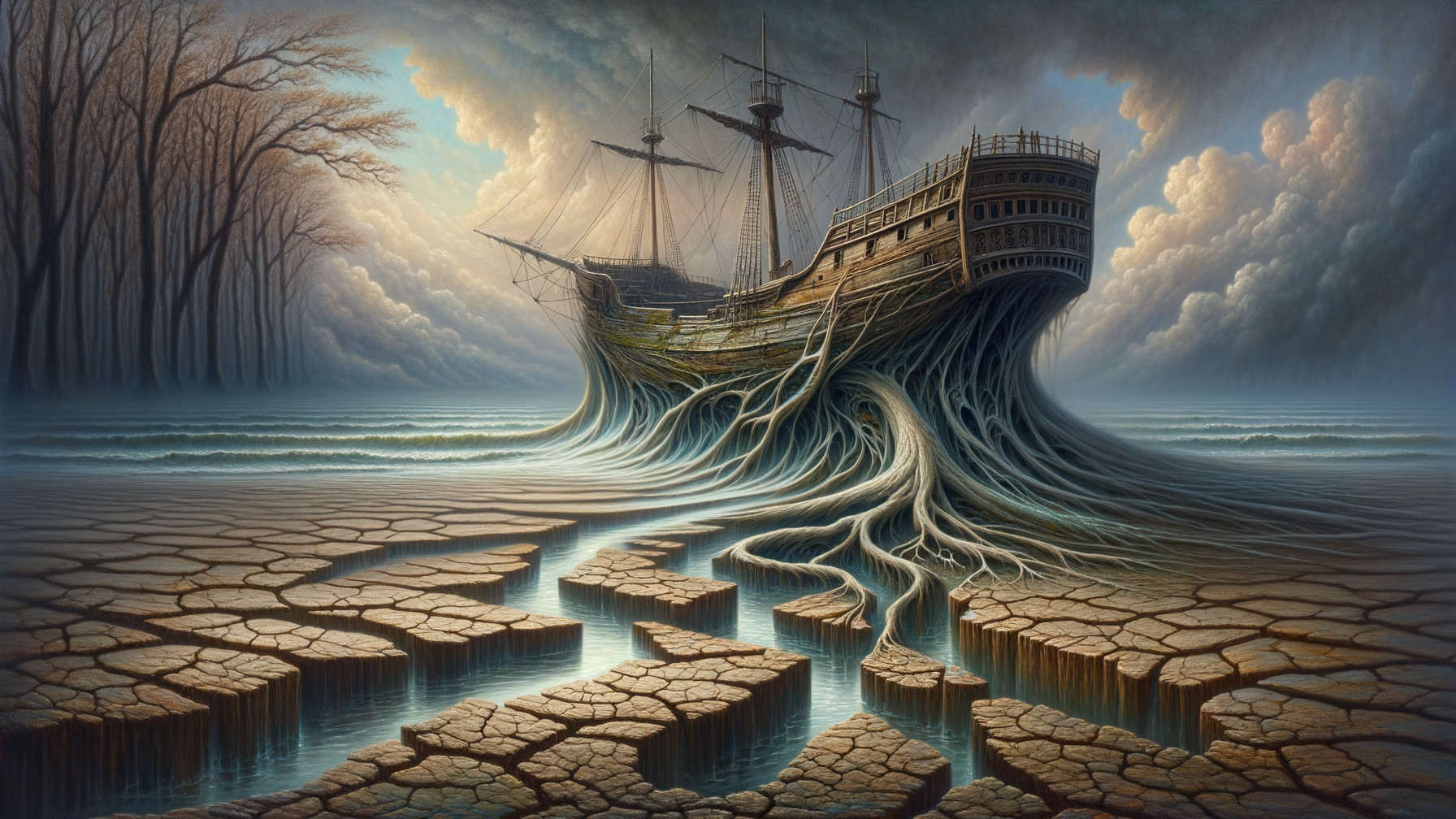 Weathered Ship on Cracked Earth with Barren Landscape