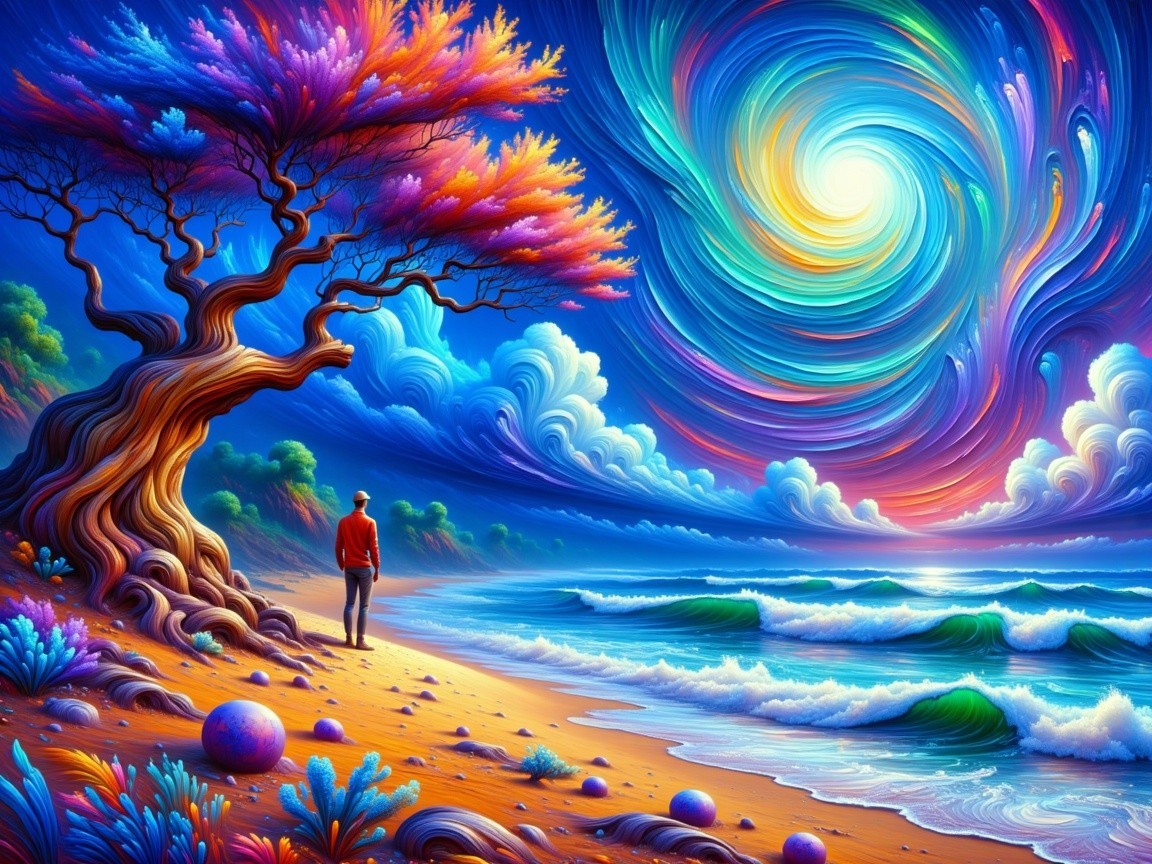 Surreal Beach Landscape with Colorful Tree and Sky