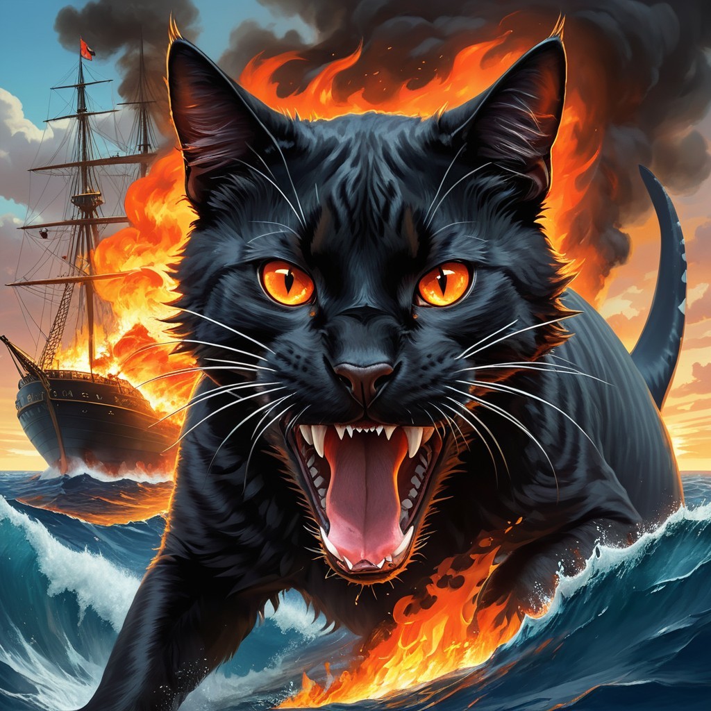 Black Cat with Glowing Eyes Amidst Ocean Chaos