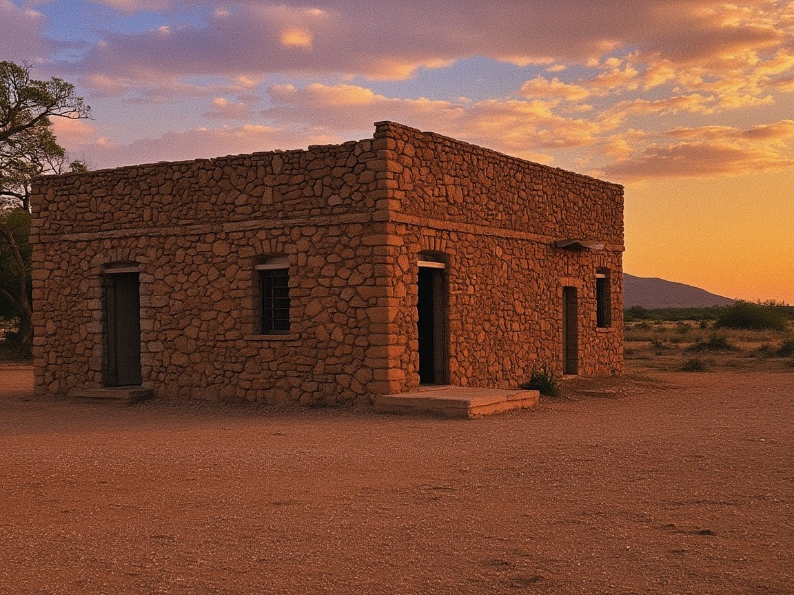 Rustic stone building in arid landscape at sunset