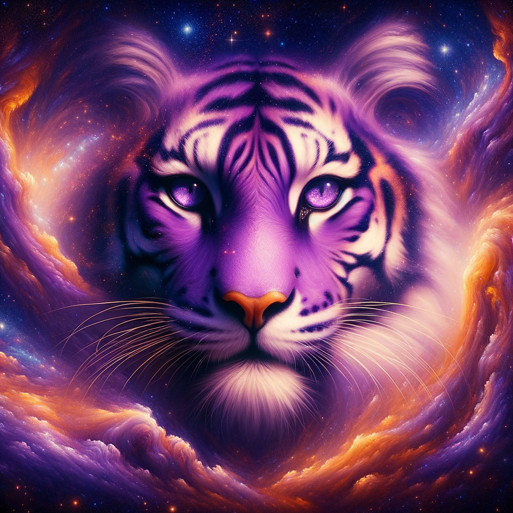 Cosmic Tiger Face in Colorful Nebula Background