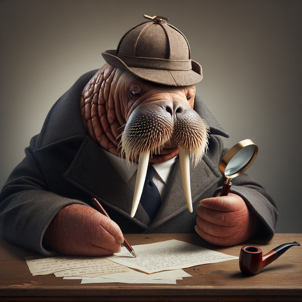 Whimsical Walrus Detective at a Wooden Table