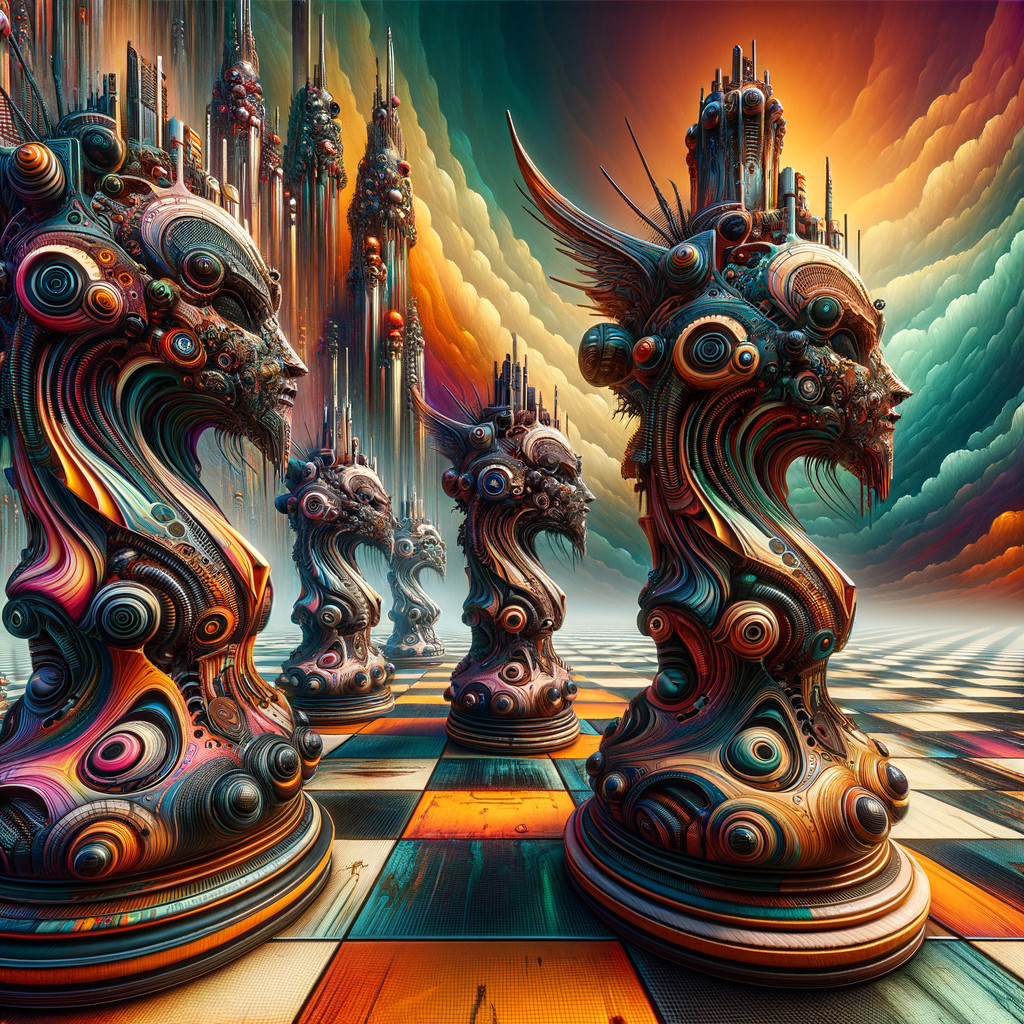 Surreal Chessboard with Colorful Head-Shaped Pieces